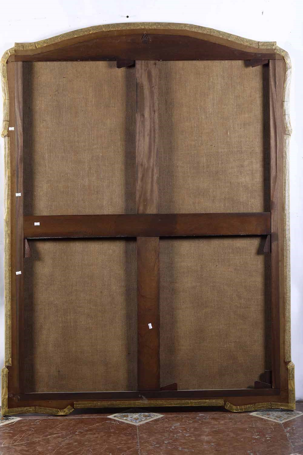Scuola del XVIII secolo, Paesaggio fluviale con ponte e pastori, olio su tela sagomata