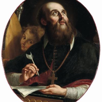 Scuola del XVII Secolo Figura di Prelato con Angelo