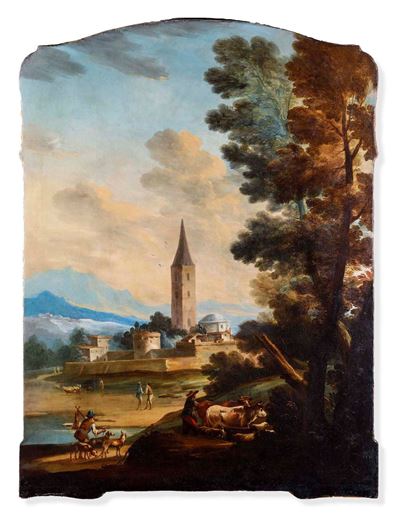 Scuola del XVIII secolo, Paesaggio con pastori e villaggio sullo sfondo, olio su tela sagomata