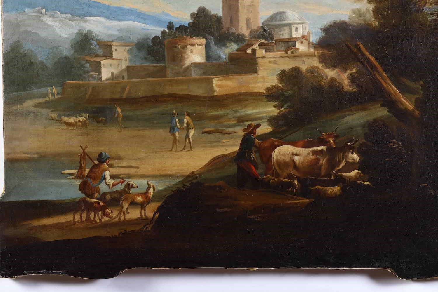 Scuola del XVIII secolo, Paesaggio con pastori e villaggio sullo sfondo, olio su tela sagomata