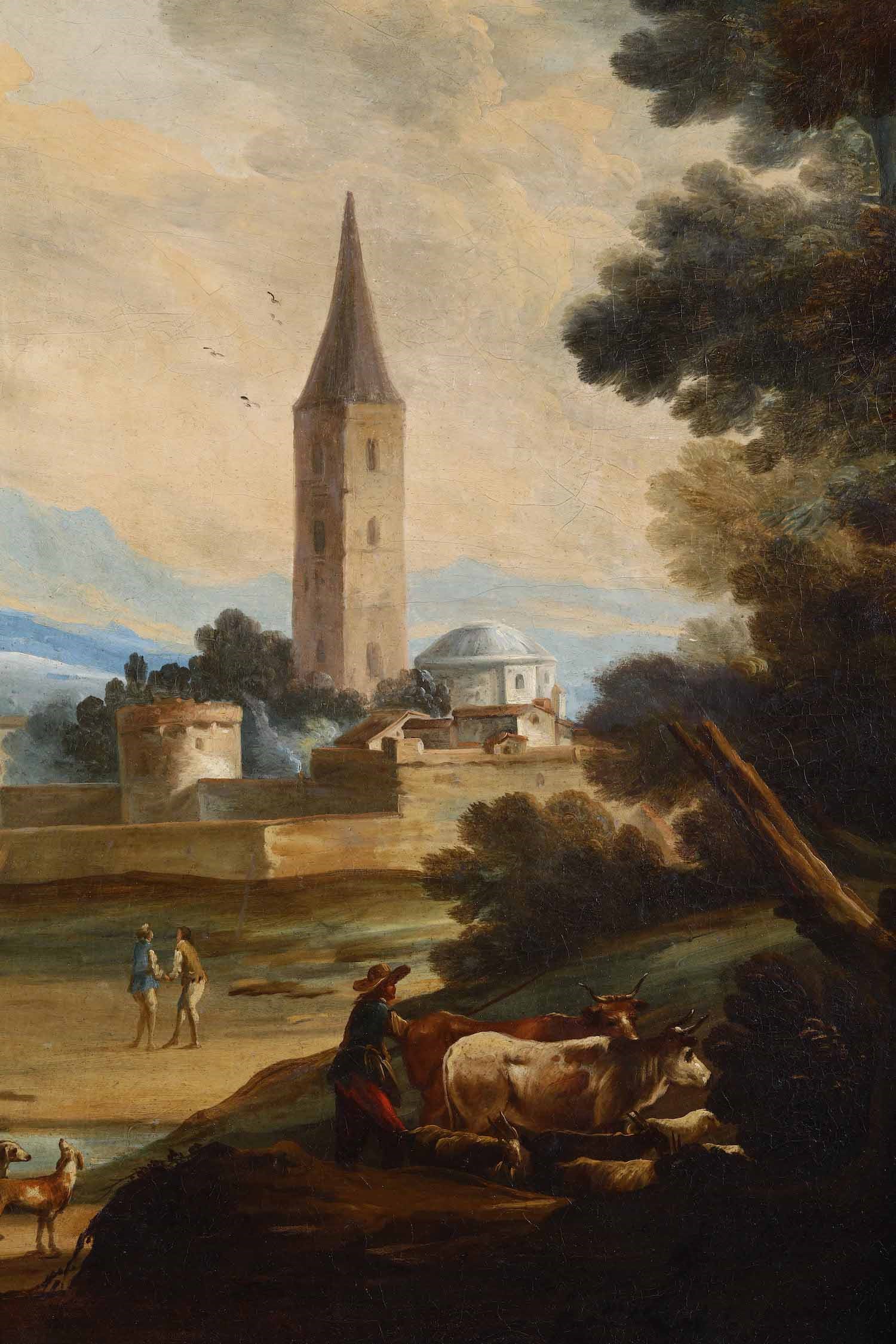 Scuola del XVIII secolo, Paesaggio con pastori e villaggio sullo sfondo, olio su tela sagomata