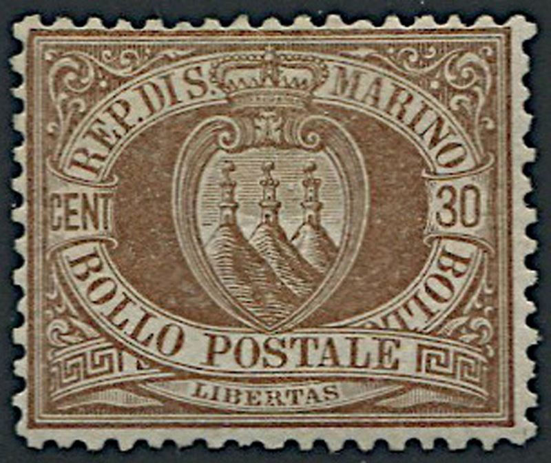 1877, San Marino, 30 cent. bruno (S. 6),  - Auction Philately and Postal History - Cambi Casa d'Aste