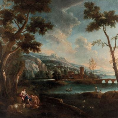 Scuola Italiana del XVIII Secolo Veduta con Figure Varie e Case sullo Sfondo con Ponte sul Fiume