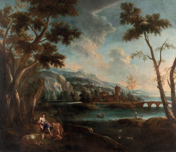Scuola italiana del XVIII secolo Veduta con figure varie e case sullo sfondo con ponte sul fiume