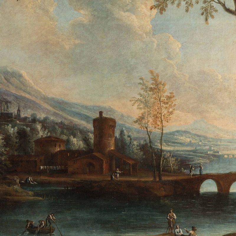Scuola Italiana del XVIII Secolo Veduta con Figure Varie e Case sullo Sfondo con Ponte sul Fiume