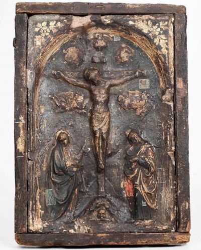 Benedetto da Maiano (1442 - 1497) Bottega Di. Crocifissione" Stucco in Origine Dorato e Dipinto