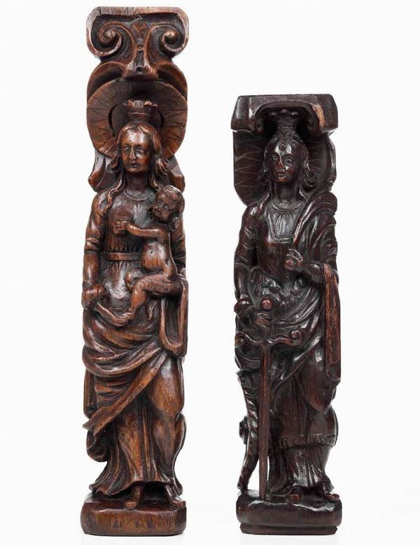 "Santa Caterina" e "Vergine col Bambino" due sculture in rovere, Fiandre XVII secolo