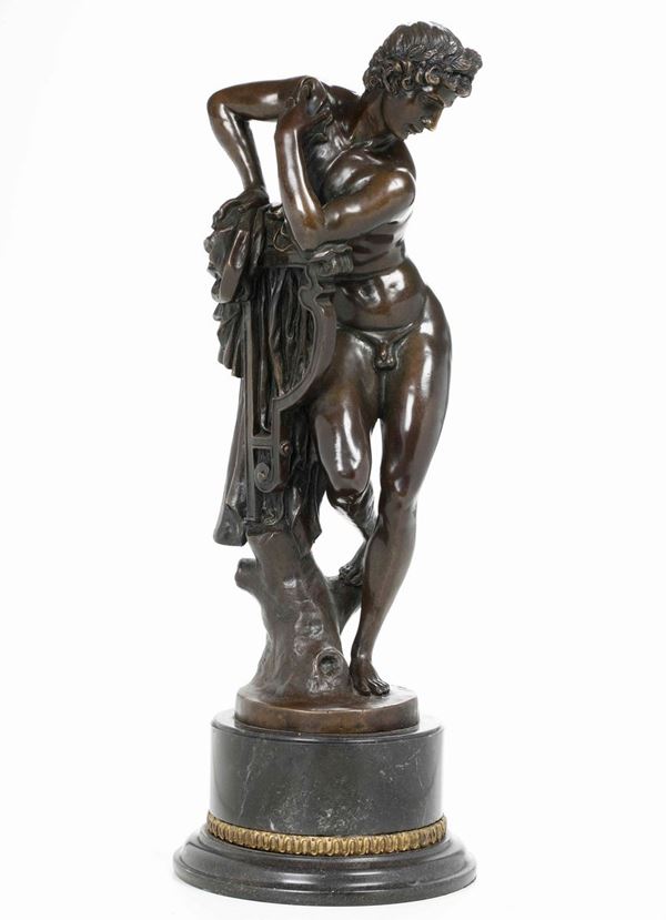 Apollo, da Giambologna. Bronzo patinato su base in marmo nero. XIX-XX secolo