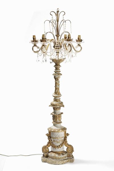 Lampada da Terra in Legno Intagliato, Laccato e Dorato