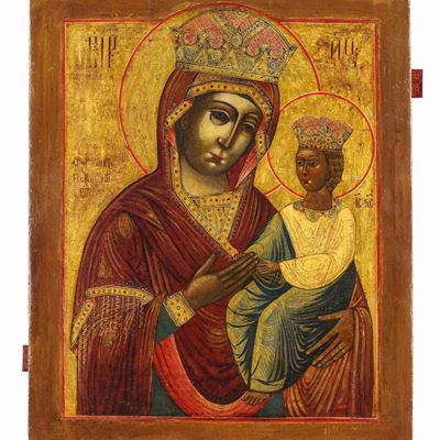 Icona Raffigurante la Madre di Dio Odighitria, Madre di Dio del (buon) Cammino. Arte Russa del XV...