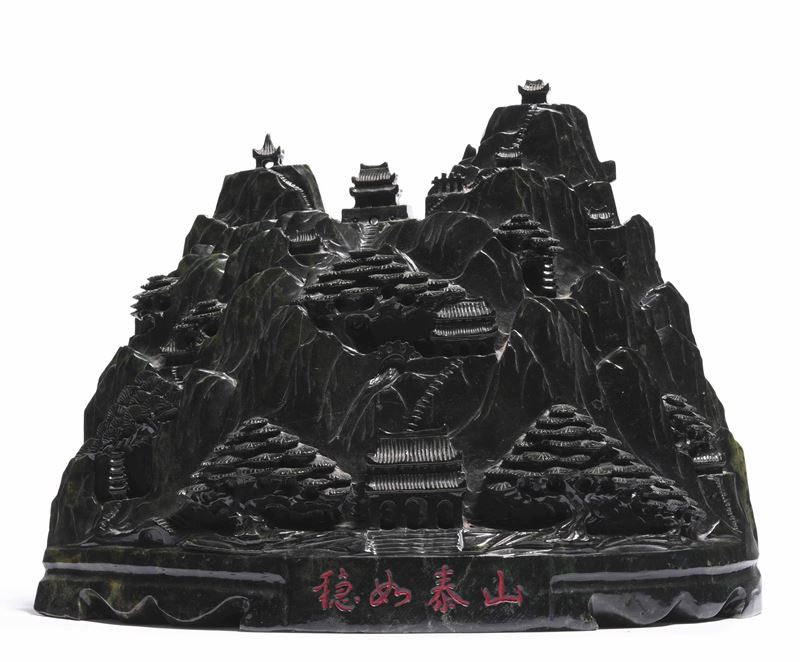 Grande gruppo scolpito in nefrite raffigurante paesaggio con iscrizione, Cina, XX secolo  - Auction Asian Art - Cambi Casa d'Aste
