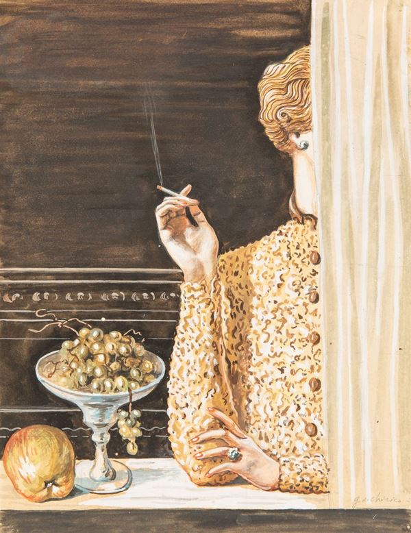 Femme avec une sigarette, rideau et fruits