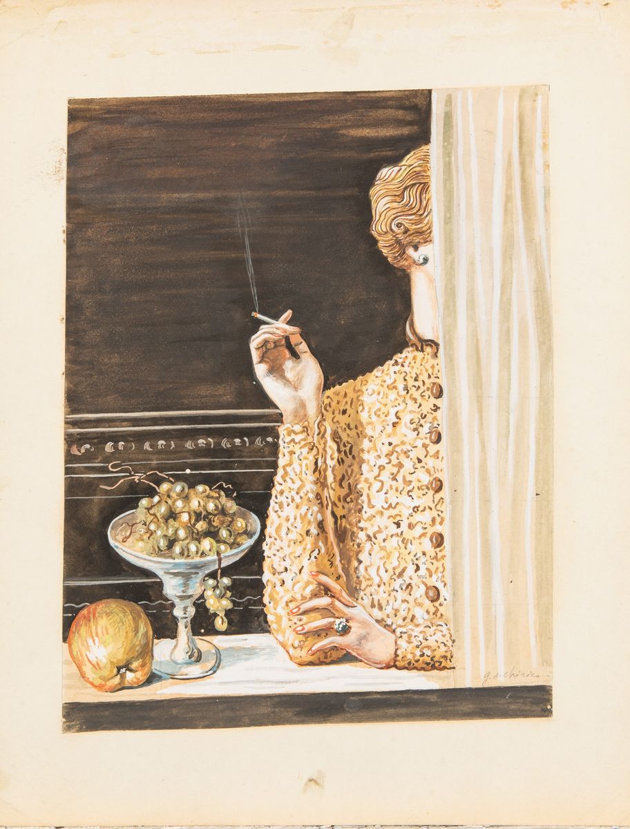 Giorgio De Chirico - Femme Avec Une Sigarette, Rideau Et Fruits