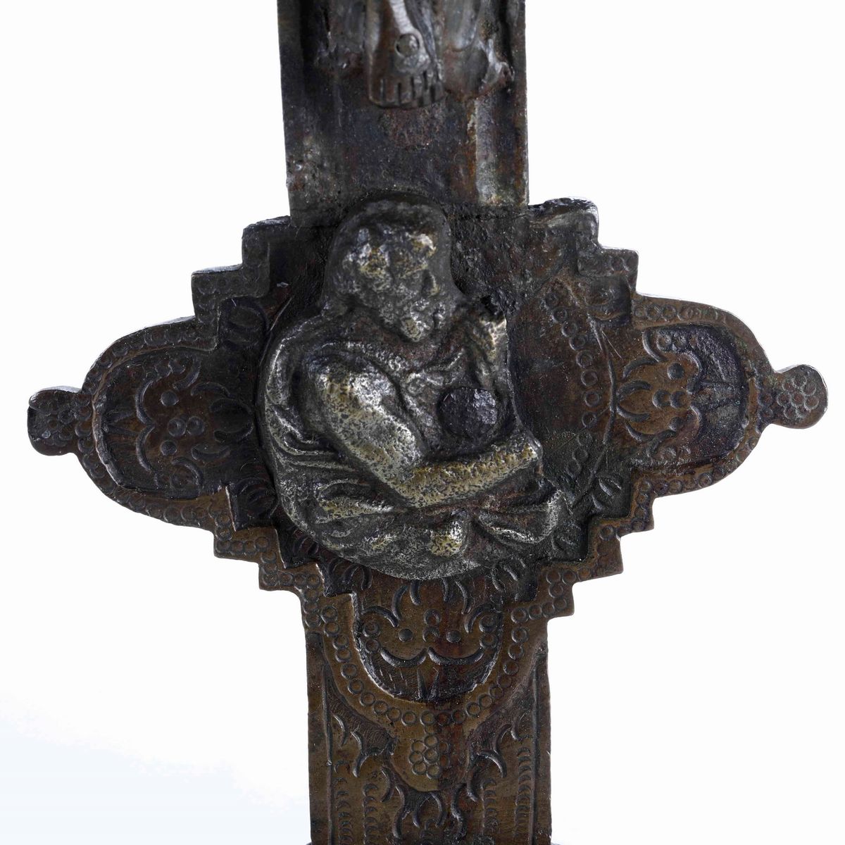 Bronzista Veneto. Antica Croce Astile in Bronzo Fuso e Cesellato con Evangelisti e Simboli della ...