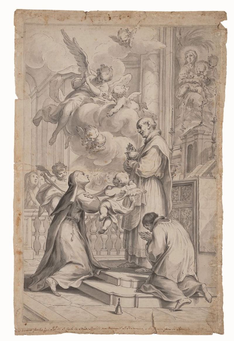 Domenico Piola : Comunione di Santa Teresa d’Avila  - penna, inchiostro e acquerello grigio su carta - Asta Old Masters - Cambi Casa d'Aste