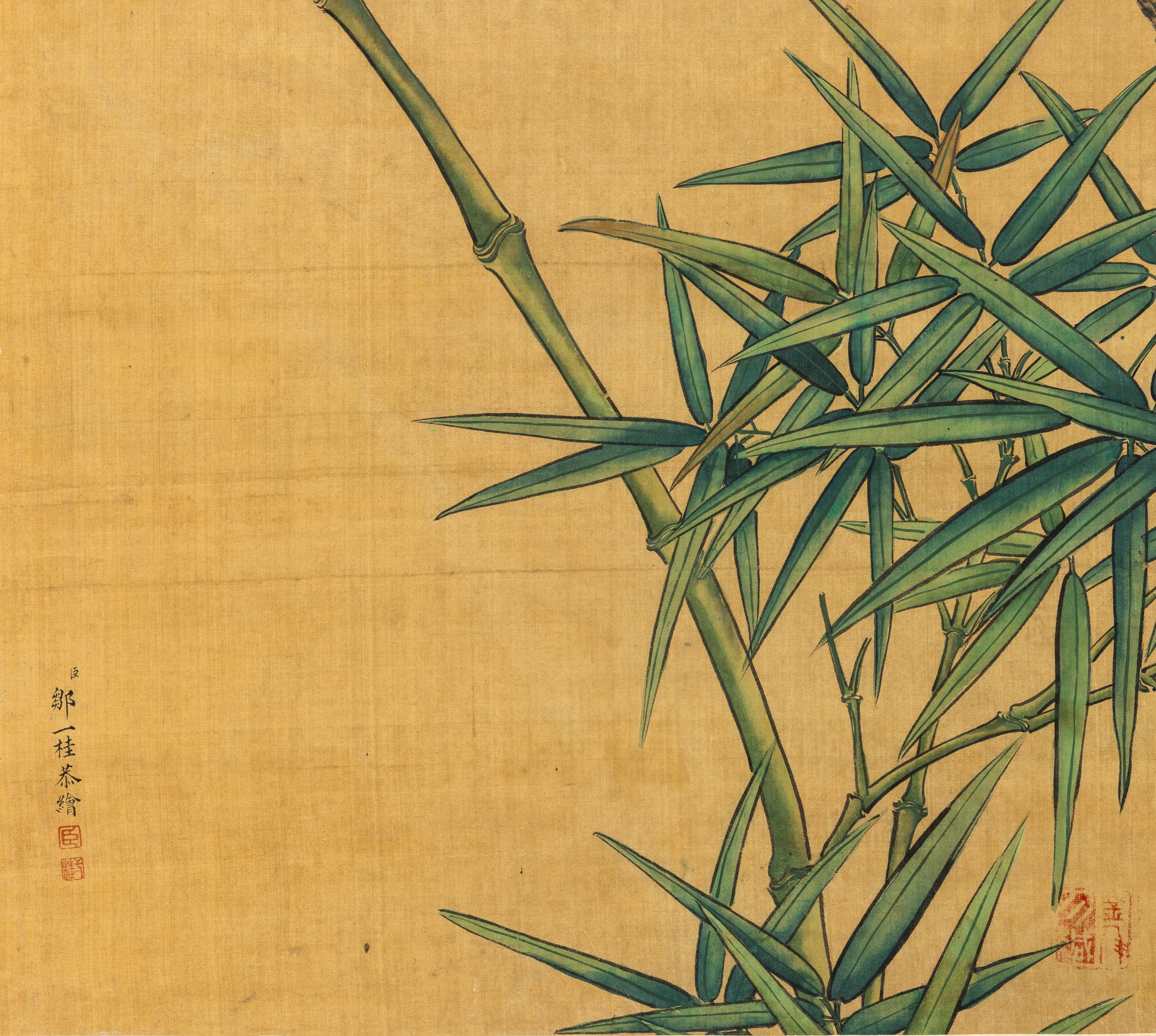 Dipinto su seta raffigurante uccellini tra rami in fiore e iscrizione, Cina, Dinastia Qing, XIX s...