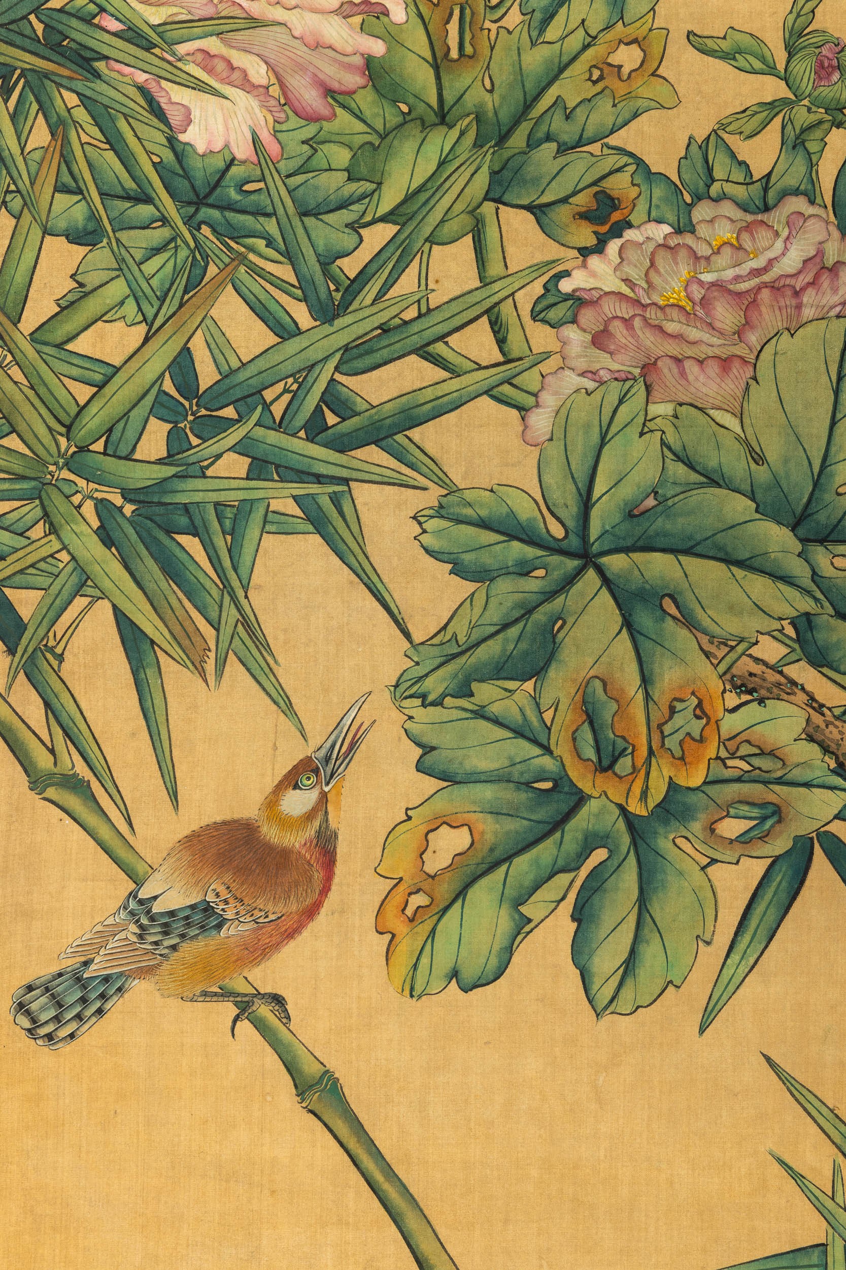Dipinto su seta raffigurante uccellini tra rami in fiore e iscrizione, Cina, Dinastia Qing, XIX s...