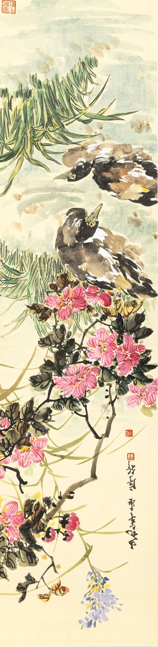 Dipinto su carta raffigurante papere nello stagno, rami in fiore e iscrizione, Cina, Dinastia Qing, XIX secolo