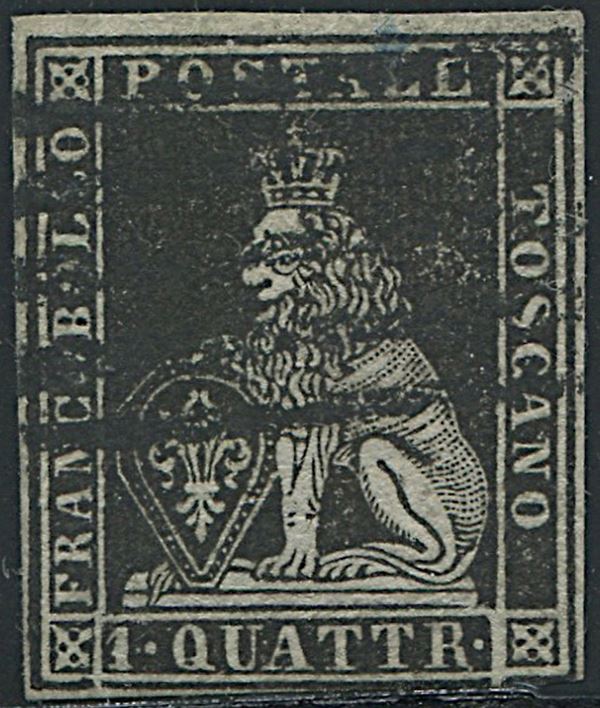 1851, Toscana, 1 quattrino nero su grigio (S. 1)