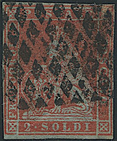 1851, Toscana, 2 Soldi Scarlatto su Azzurro (s. 3)