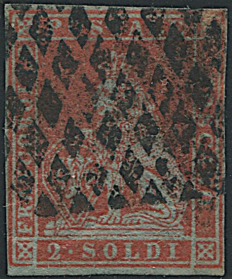 1851, Toscana, 2 soldi scarlatto su azzurro (S. 3)  - Auction Philately and Postal History - Cambi Casa d'Aste