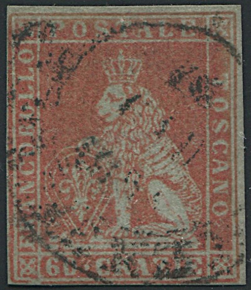 1852, Toscana, 60 crazie scarlatto su grigio (S.9a)  - Auction Philately and Postal History - Cambi Casa d'Aste