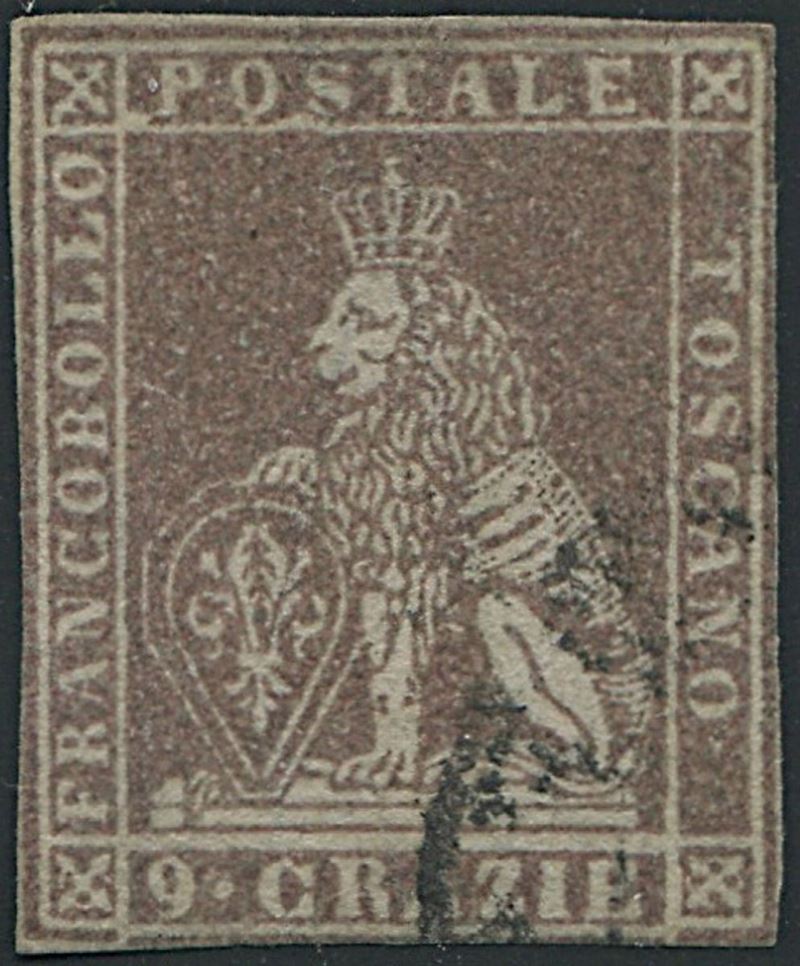 1859, Toscana, Gov. Provvisorio, 9 crazie bruno lillaceo (S. 16)  - Asta Filatelia e Storia Postale - Cambi Casa d'Aste