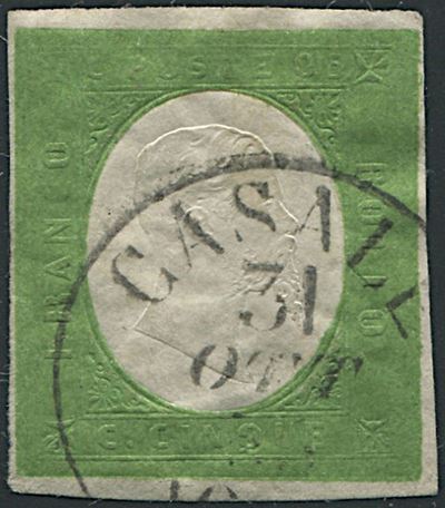 1854, Sardegna, 5 Cent. Verde Giallo