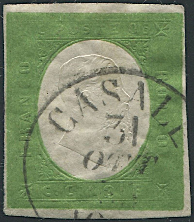 1854, Sardegna, 5 cent. verde giallo  - Asta Filatelia - Cambi Casa d'Aste