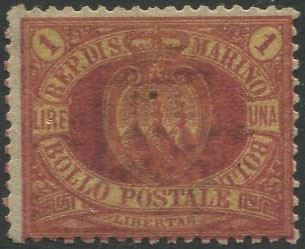 1892, San Marino, 1 lira carminio su giallo