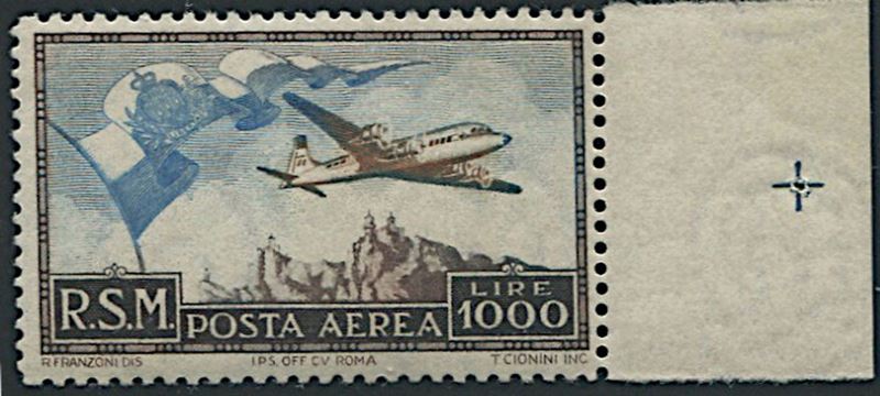 1951, San Marino, "Bandierone", lire 1000 (S.99)  - Auction Philately and Postal History - Cambi Casa d'Aste