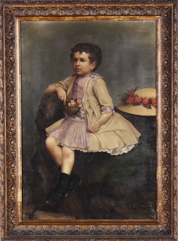 Pittore del XIX secolo Bambina con mazzo di fiori