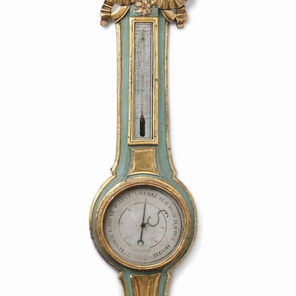 Barometro in legno intagliato, dipinto e dorato. Francia XVIII secolo