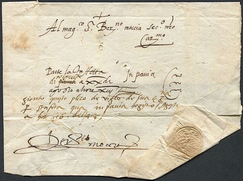 1544, Sovracoperta di lettere del 20 agosto 1544, con segni di "Cito" ripetuto tre volte.  - Auction Philately and Postal History - Cambi Casa d'Aste