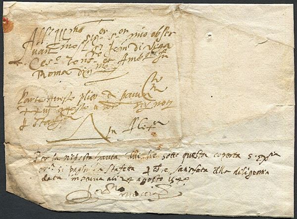 1544, Sovracoperta di un gruppo di lettere spedite a mezzo staffetta da Pavia ad Alessandria