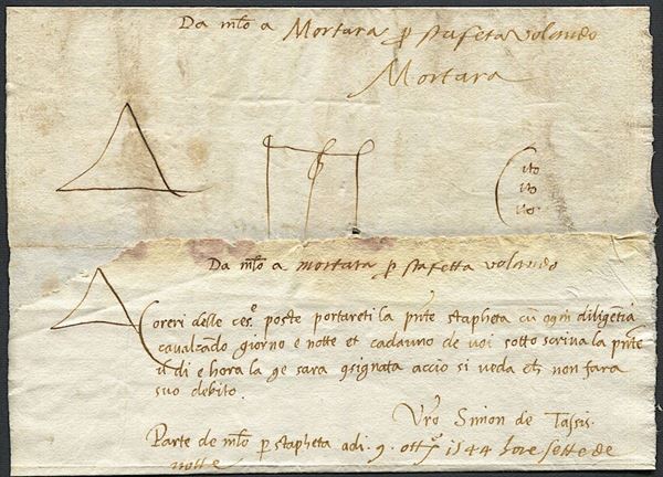 1544, Sopracoperta di un gruppo di lettere da Milano per Mortara