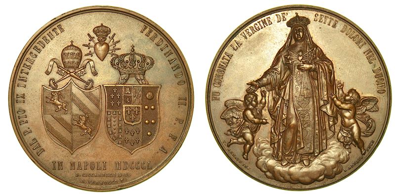 NAPOLI. FERDINANDO II DI BORBONE, 1830-1859. Medaglia in bronzo 1850. Incoronazione della Vergine dei Sette Dolori.  - Asta Numismatica - I - Cambi Casa d'Aste