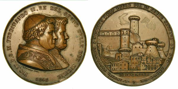 NAPOLI. FERDINANDO II DI BORBONE, 1830-1859. Medaglia in bronzo 1848. Esilio di Pio IX a Gaeta.