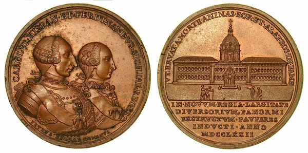 PALERMO. FERDINANDO III DI BORBONE, 1759-1816. Medaglia in bronzo 1772. Costruzione dell’Albergo dei Poveri a Palermo.
