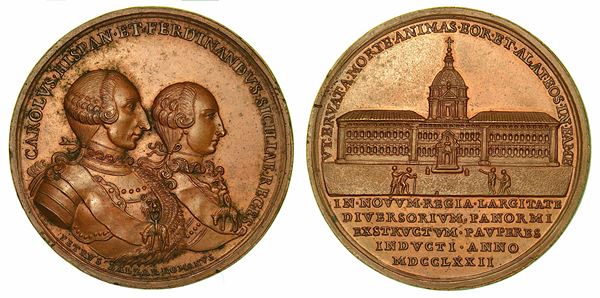 PALERMO. FERDINANDO III DI BORBONE, 1759-1816. Medaglia in bronzo 1772. Costruzione dell’Albergo dei Poveri a Palermo.