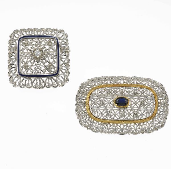 Two sapphire and diamond brooches