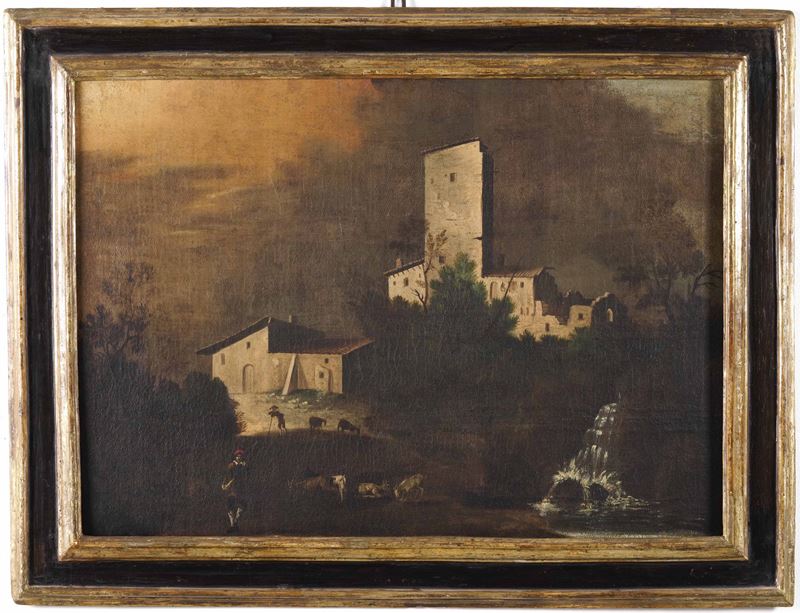 Scuola del XVIII secolo Paesaggio con pastori e villaggio  - olio su tela - Asta Dipinti Antichi - Cambi Casa d'Aste