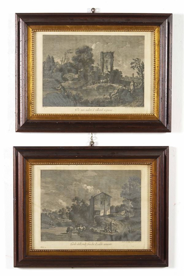 Coppia di stampe con paesaggi. Francia XIX secolo