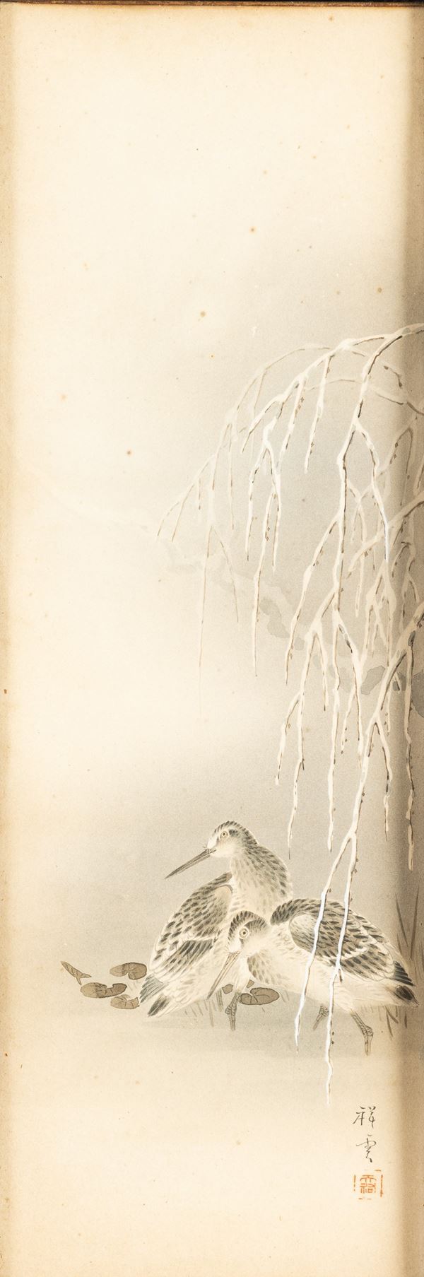 Coppia di dipinti su carta raffiguranti uccellini tra i rami e iscrizione, Cina, Dinastia Qing, XIX secolo