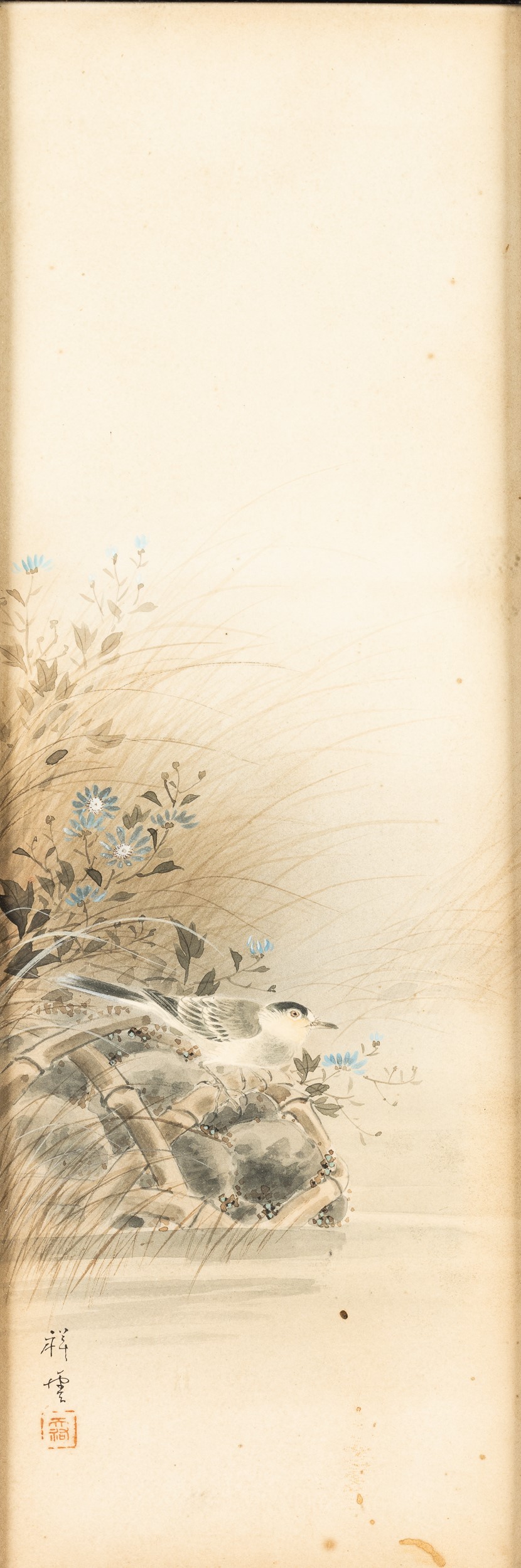 Coppia di Dipinti su Carta Raffiguranti Uccellini tra i Rami e Iscrizione, Cina, Dinastia Qing, X...