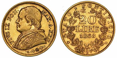 Pio IX (giovanni Maria Mastai Ferretti), 1846-1878. 20 Lire 1868/a. XXII.