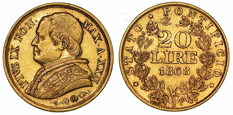 PIO IX (GIOVANNI MARIA MASTAI FERRETTI), 1846-1878. 20 Lire 1868/A. XXII.  - Auction Numismatics - I - Cambi Casa d'Aste