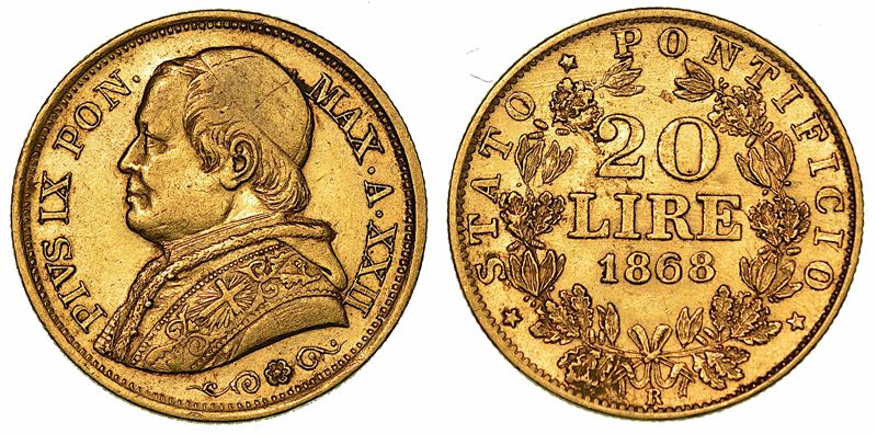PIO IX (GIOVANNI MARIA MASTAI FERRETTI), 1846-1878. 20 Lire 1868/A. XXII.  - Asta Numismatica - I - Cambi Casa d'Aste