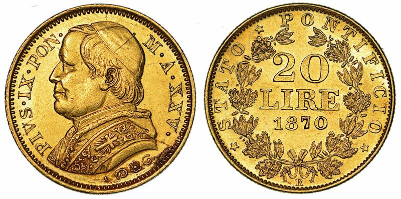 PIO IX (GIOVANNI MARIA MASTAI FERRETTI), 1846-1878. 20 Lire 1870/A. XXV.  - Asta Numismatica - I - Cambi Casa d'Aste