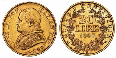Pio IX (giovanni Maria Mastai Ferretti), 1846-1878. 20 Lire 1866/a. XXI.